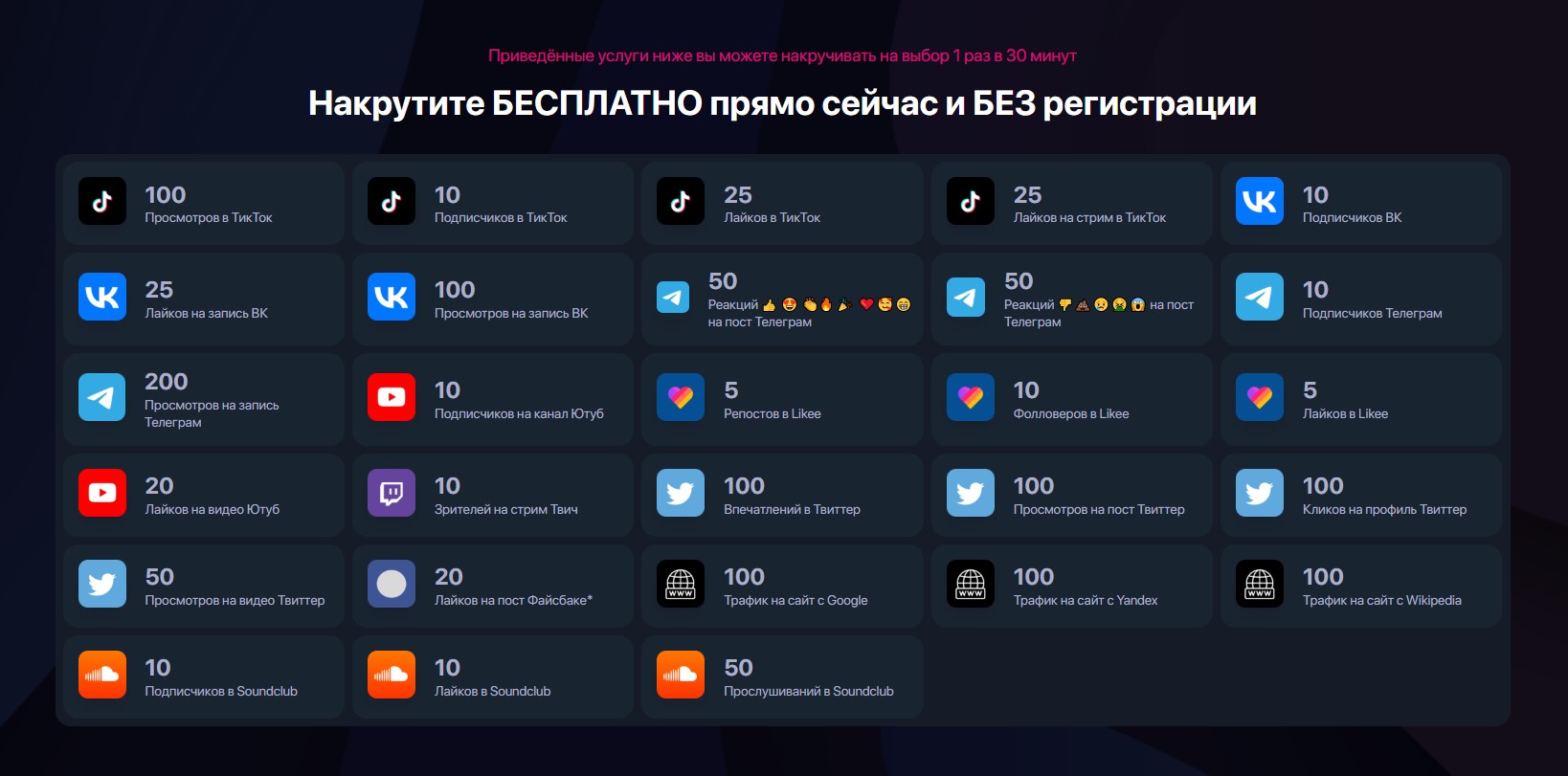 Услуги доступные для бесплатной накрутки на PRSkill